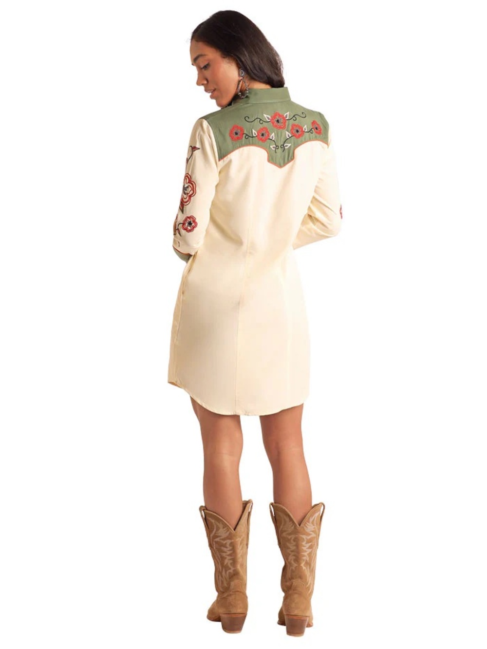 Panhandle Slim Cream Shirt Dress with Olive Trim and Floral Embroidery - Picture 2 of 5